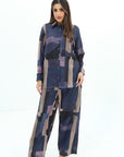 Front view of Abstract Block Print Linen Blend Shirt and Trouser Set by Gharza Couture