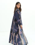 Side view of Abstract Block Print Linen Blend Open Abaya by Gharza Couture