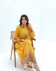Elegant Mustard Linen Blend Jalabiya with Floral Border Print