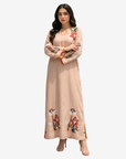 Elegant beige linen jalabiya with hand embellished floral embroidery by Gharza Couture