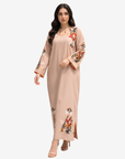 Full-length Autumn Blossom Hand Embellished Linen Jalabiya in Beige featuring handcrafted floral embroidery