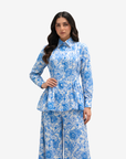 Elegant fashion pose of the Azure Blossom Pleated Linen Co-ord Set with premium breathable linen, pleated top, back waist belt and comfortable lined trousers.