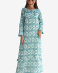 Azure Mosaic Pearl Neck Hand Embellished Linen Blend Jalabiya front view