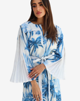 Azure Palm Pleated Sleeve Linen Blend Dress