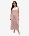 Front view of the Blush Elegance Crepe Satin Maxi Dress showcasing its elegant drape and smooth satin finish.