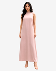 Blush Elegance Crepe Satin Maxi Dress in blush pink featuring a sleeveless design, high neckline, and flowing full-length silhouette.