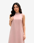 Close-up of the Blush Elegance Crepe Satin Maxi Dress featuring a sophisticated high neckline and silky blush pink fabric.