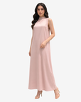 Angled view of the Blush Elegance Crepe Satin Maxi Dress highlighting its soft flowing silhouette and luxurious crepe satin fabric.