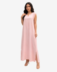 Full-length Blush Pink Crepe Satin Inner Dress with a sleeveless notch neckline and elegant flowing maxi silhouette for modest wear.