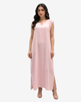 Blush Pink Notch Neck Crepe Satin Inner Dress by Gharza Couture featuring a sleeveless maxi silhouette, perfect for layering under open abayas or wearing on its own.