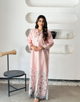 Botanical Floral Linen Blend Jalabiya for Women in Blush Pink