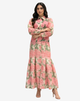 Front pose of the Blushing Chrysanthemum Hand Embellished Collared Linen Blend Dress showcasing the floral print, concealed button placket and elegant modest design.