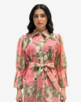 Close-up of the Blushing Chrysanthemum Hand Embellished Collared Linen Blend Dress showcasing handcrafted embellishments, classic collar and blush floral print details.