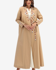 Camel Hand Embellished Linen Blend Abaya with colourful neckline and front detailing
