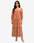 Coral Bloom Pleated Cotton Chiffon Dress by Gharza Couture featuring a full-length modest silhouette with an elegant floral print.