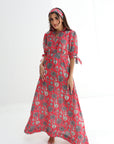 Hand embellishments and tropical palm print on Coral Oasis Linen Blend Dress