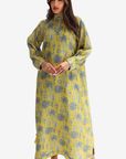 Coral Oasis Mandarin Collar Linen Blend Jalabiya featuring tropical botanical print and elegant mandarin collar