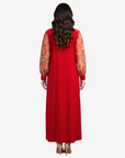 Back view of the Crimson Bloom Tie Neck Cotton Chiffon Dress showcasing the flowing chiffon overlay and contrasting cotton back panel.