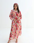 Full-length Crimson Bloom Hand Embellished Linen Blend Jalabiya with floral design