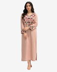Full-length Desert Rose Hand Embroidered Linen Jalabiya featuring premium linen fabric and elegant floral embroidery