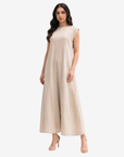 Front view of the Desert Sand Linen Blend Maxi Dress showcasing its relaxed fit, round neckline, and breathable linen blend fabric.