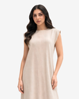 Close-up of the Desert Sand Linen Blend Maxi Dress highlighting the classic round neckline, cap sleeves, and textured linen blend fabric by Gharza Couture.