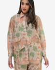 Three-quarter view of the Desert Palm Linen Blend Co-Ord Set in breathable linen blend with an elegant palm-inspired print.