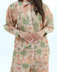 Close-up of the Desert Palm Linen Blend Co-Ord Set showcasing the button-down shirt, collar and palm print by Gharza Couture.