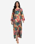 Premium Emerald Botanica botanical print linen blend jalabiya featuring a relaxed fit, full-length silhouette and lace-up neckline.