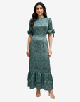 Emerald Paisley Ruffle Sleeve Linen Blend Dress by Gharza Couture featuring a full-length modest silhouette and elegant paisley print.