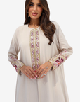Floral Embroidered Trim Abaya showing round neckline and vertical front embroidery