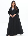 Full-length Floral Textured Blazer Abaya in black by Gharza Couture featuring a flowing modest silhouette and premium textured fabric.