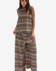 Geometric Knit Lace Two-Piece Set with sleeveless top and matching wide-leg trousers