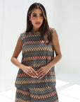 Geometric Knit Lace Two-Piece Set showing the round neckline and multicolour pattern