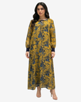 Golden Meadow Tie Neck Cotton Chiffon Dress by Gharza Couture featuring a full-length modest silhouette with a vibrant floral print.