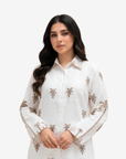 Luxury white linen blend co-ord set with button-down shirt and subtle palm print by Gharza Couture