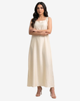 Ivory Grace Crepe Satin Maxi Dress in ivory featuring a sleeveless design, square neckline, and flowing full-length silhouette.