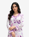 Close-up of the Lavender Blossom Hand Embellished Silk Mukhawar highlighting the handcrafted floral embellishments, silk fabric, and elegant neckline.