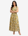Front view of the Lemon Blossom Tie Shoulder Linen Blend Dress showcasing the elegant square neckline, gathered waist, and premium linen blend fabric.
