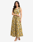 Elegant Lemon Blossom Tie Shoulder Linen Blend Dress with a flowing full-length silhouette, botanical lemon print, and feminine gathered waist.