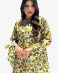 Lemon Blossom Bow Linen Blend Jalabiya close-up showing citrus lemon blossom print and round neckline