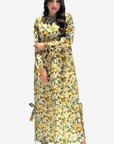 Lemon Blossom Bow Linen Blend Jalabiya for women featuring citrus floral print, long sleeves and full-length modest design