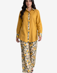 Lemon Blossom Mix & Match Linen Blend Co-ord Set plain shirt styled with botanical lemon blossom print trousers