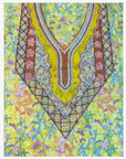 Full embellished neckline design on lime botanical Liberty mukhawar fabric with pink, copper and lilac beadwork.