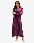 Luxury Midnight Brush Silk Blend Dress by Gharza Couture featuring a flowing modest fit and abstract brushstroke print in plum and black.
