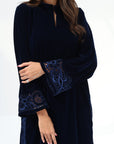 Close-up of Midnight Velvet Jalabiya featuring intricate tonal blue hand embroidery on the sleeve cuffs