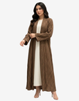 Luxury mocha pleated crepe abaya by Gharza Couture with an elegant open-front design and lightweight textured fabric.