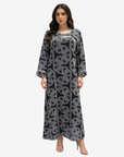 Monarch Link Pearl Trim Linen Blend Jalabiya in black by Gharza Couture featuring pearl trim, geometric print and modest full-length silhouette.