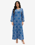 Royal blue Monarch Link Pearl Trim Linen Blend Jalabiya by Gharza Couture with geometric print and elegant pearl trim detailing.