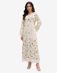 Full-length Moonlit Dreams linen blend jalabiya featuring moon and cloud print, square neckline and relaxed modest fit by Gharza Couture.